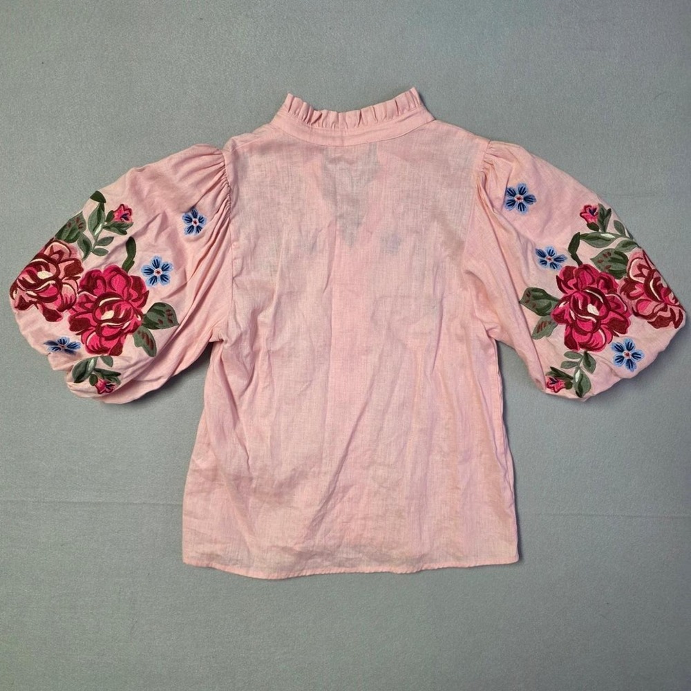 THML linen Women Small Pink Floral Embroidered Puff Sleeve Blouse Top - Picture 2 of 6